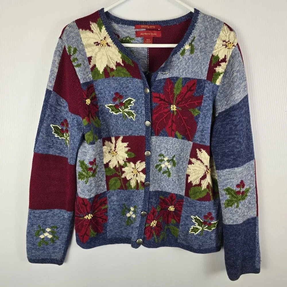 Northern Isles Vintage Christmas Holiday Poinsettia Patchwork Cardigan Size M